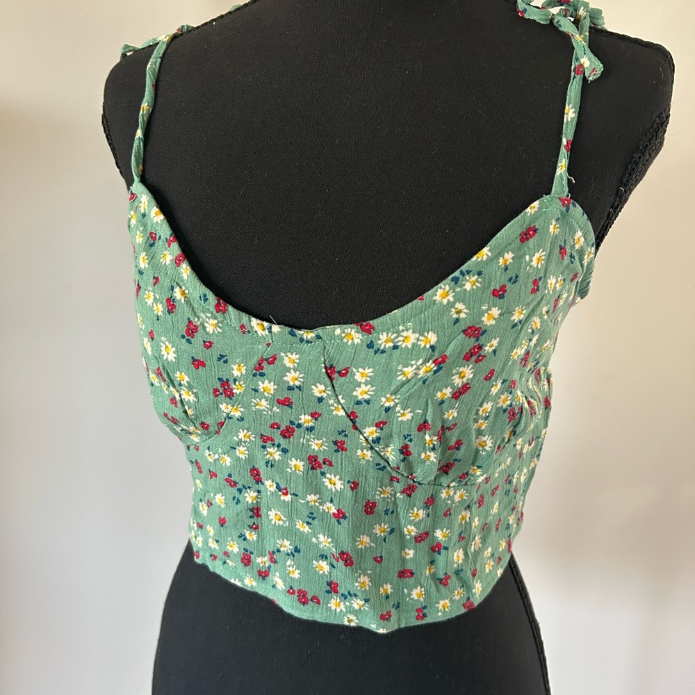 Floral Green Crop Top with Dainty Straps